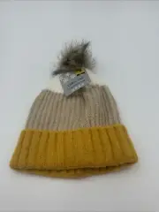 Ladies Pom Beanie White/Brown/Yellow