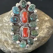 Spiderweb Turquoise Coral Navajo Sterling Silver Cluster Ring Sz 10 17183