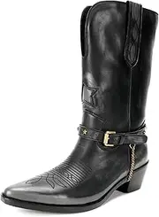 [Eusibb] Women's Western Cowboy Voots, Pointed Thick Heel Retro Rivets Knee High Wide Leg Boots,Fashionable Embroidery Chain Classic High Top Women's Boots
