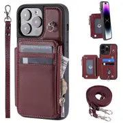 009 Kickstand Phone Case for iPhone 15 Pro Max Zipper Wallet Phone Cover PU+TPU Case with Straps