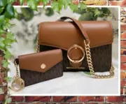 NWT MICHAEL KORS WANDA SM Crossbody BAG & CARD CASE In BROWN Logo Canvas Leather