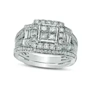 1.5 CT. T.W. Quad Princess-Cut Natural Diamond Frame Antique Vintage-Style Collar Bridal Engagement Ring Set in Solid 10K White Gold
