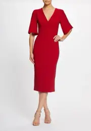 DRESS the POPULATION Garnet Red Plunging V-Neck 1/2 Sleeve Crepe Coco Midi S 4/6