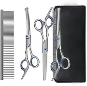 Dog Grooming Scissors Kit with Safety Round Tips,Stainless Steel Dog Grooming Scissors Set with Straight & Thinning & Curved Scissor Set with Comb,for Dogs and Cats(silver+black,Size:17.5cm/6.89inch)