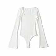 Flared-Sleeve Scoop Neck Plain Bodysuit Top White - S