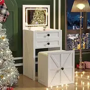 Dystler Farmhouse Vanity Desk with Mirror&Lights, 3 in 1 Small Makeup Vanity Set with Stool, Space-Saving Makeup Vanity with Storage Compartment, Dressing Table for Bedroom/Cloakroom, White