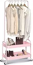 2-in 1 Garment Rack, Clothing Rack with 2 Tier Metal Basket, Rolling Storage Cart Clothes Organizer Coat Rack Storage Stand on Wheels, for Home Bedroom Laundry Small Place Entryway, Pink