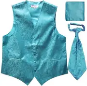 New Men's Paisley Tuxedo Vest Waistcoat & Ascot & Hankie Wedding Turquoise blue