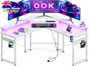 L-Shaped Gaming Desk w/ LED Lights, Power Outlet, Monitor Stand, Texture White
