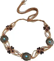 [Hellery] Bohemian Woven Waist Belt with Knots and Inlays Flax Rope Belt