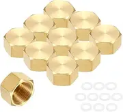 uxcell 3Pcs Brass Hex Head Plug Compression Cap Fitting Stop Valve Cap,1/2" Hex Thread Pipe Fitting Flare Cap Tubing Ends Sealing Cap with Gasket for Air Conditioner, Water, Gold