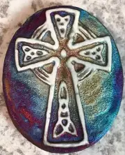 (2) Celtic Cross Medallion "I am Grateful", Raku Pottery, handcrafted & signed