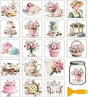 GLOBLELAND 18 Sheets Afternoon Tea Rub on Transfers Pink Peonies Flowers Waterproof UV DTF Cup Wraps Decals 3.9x3.6inch Teacup Transfer Stickers for Water Glass Bottle Vase Crafts