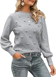 [Miessial] Women's Fall Crew Neck Pullover Sweater Cute Long Puff Sleeve Chunky Knit Sweater Pompom Jumper Top