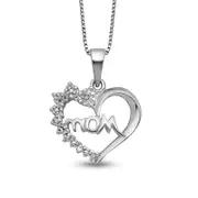 Natural Diamond Accent Beaded Flower Cluster "Mom" Shadow Heart Pendant in Sterling Silver û 16"
