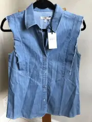 7 For All Mankind Sz S Sleeveless Blue Denim Raw Edge Ruffle Shirt NWT Bin-C