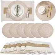LAMCAN Placemats Set of 6, Washable Round Braided Place Mats, with Coasters Set. Handmade Boho Placemats Set, 20" Heat Resistant Table Mats, for Dining Table Kitchen