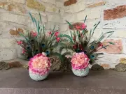 Set of Two Matching Pink Flower and Peacock Feather Floral Arrangements 18"