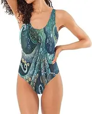 [RPLIFE] Octopus Sea Animal Teal Blue Athletic One-Piece Swimsuit, Backless Bathing Suits for Women Petite Bathing Suits for Women, Octopus Sea Animal Teal Blue, Small