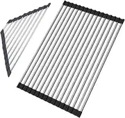 PELLUM Over The Sink Multipurpose Roll-Up Dish Drying Rack Stainless Steel Dish Rack Foldable Drainer Rack Kitchen Draining Board for Cups Fruits Vegetables (Black, 43X34CM + Triangle)