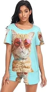 [RPLIFE] Orange Cat Funny Blue Sleepwear for Women Shorts Set, Matching Set Loungewear, Orange Cat Funny Blue, Small