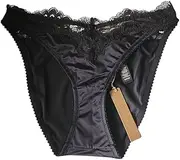 [SKIMS] Stretch Satin Lace Bikini Panty, Onyx, Size Small, Black, Small