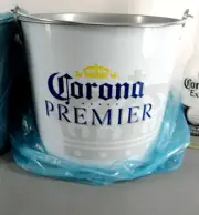 CORONA PREMIER BEER GALVANIZED ICE BUCKET PAIL BUILT IN BOTTLE OPENER BAR NEW