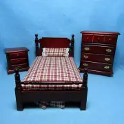 Dollhouse Miniature Maroon Checkered Twin Bedroom Set w/ 3 Pieces T0505