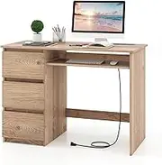 Giantex Computer Desk w/Built-in Charging Station, USB & Type-C Ports, Home Office Desk w/Keyboard Tray & 3 Storage Drawers, Modern Study Writing Table, Vanity Table for Bedroom (Natural)