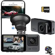 Dash Cam Car Front Rear 1080P WiFi Dash Cam with 64GB SD Card, Dual Car Camera with Parking Monitoring, Super Night Vision, WDR, 170° Wide Angle, G-Sensor, Loop Recording, App Control, Max 64GB