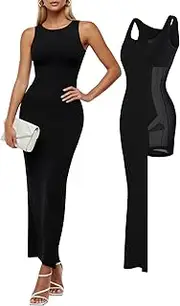 [Popilush] The Shapewear Dress Built-in Bra Bodycon Shaper Dress 9 in 1 Crew Neck Sleeveless Maxi Formal Dresses with Zipper