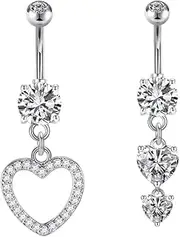 [NTRUXZP] Pack of 2 belly button piercings, 10 mm, silver, surgical steel, heart, butterfly, flower pendant, piercing, belly button jewellery, women, navel piercing, belly piercing, body jewellery