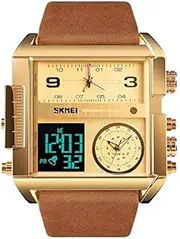 [Perfect Home] 1391 Multifunctional Men High end Business Digital Watch Square Dial Wrist Watch with Leather Watchband Fashion (Color : Gold)