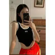 Lettering Scoop Neck Asymmetrical Crop Tank Top Black - One Size