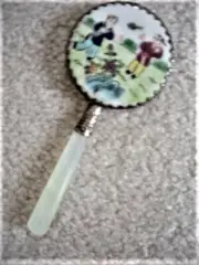 Asian Mirror with Jadeite Handle Hand Painted Chinese Scene Ornate Edge -Vintage