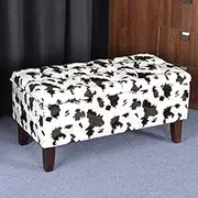 Boho Velvet Rectangular with Wood Legs Cow Print Storage Bench Footrest Stool for Livingroom Bedroom Decorative Furniture Storage Ottoman-Cow White 90x45x45cm(35x18x18inch)