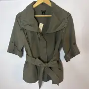 Ann Taylor Utility Jacket Womens 4 Zip Up Belted Army Green Lightweight Classic