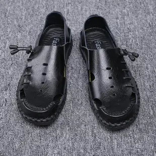 【ANSEL】真皮涼鞋/真皮復古拼接手工縫線束帶造型涼鞋-男鞋(黑)
