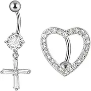 [Niaspi] 2Pcs 14G CZ Heart Cross Dangle Belly Button Rings for Women Surgical Steel Reverse Belly Navel Rings Belly Curved Barbell Sparkling Belly Piercing Jewelry, 20g, Stainless Steel, no gemstone