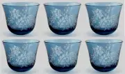 Votive Candle Holder Glass Sky Blue Etched Leaf Design 3"Dia 2.5"High Set of 6