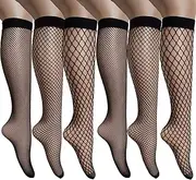 [ANDIBEIQI] 6 Pairs Womens Stay Up Knee High Patterned Trouser Socks Fishnet Stockings Black One Size Black