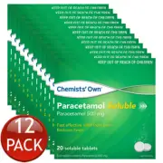 12 x Chemists Own Paracetamol Soluble Pain Relief 20 Effervescent Tablets 500Mg