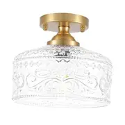 Gold Semi Flush Mount Ceiling Light, Antique Brass Ceiling Light with Glass,