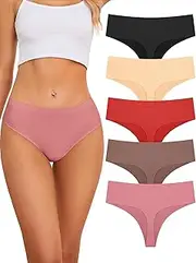 [VOENXE] Seamless Women Underwear Thongs,High Waisted Cut No Show Ladies Panties,Breathable Comfortable Briefs Undies,5-Pack