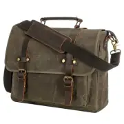 Men's Vintage Leather Messenger Bag 15.6 inch Laptop Briefcase, Waxed Canvas &
