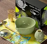Zumist Matcha Whisk Set - 7Pcs Ceramic Matcha Kit for Traditional Tea Ceremony with Handcrafted Matcha Bowl, Bamboo Whisk, Holder, Bamboo Scoop, Scoop Rest - Japanese Tea Kit for Matcha Lovers, Green