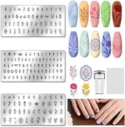 UNICRAFTALE 3Pcs Nail Stamp Plates Set Flower Stamping Plate Flower Leaves Stamp Templates Image Nail Stencils Nail Art Plates with Nail Scraper for Women DIY Nail Design Tools