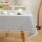 Rectangle Striped Tassels Tablecloth Cotton Linen Stain and Wrinkle Resistant...