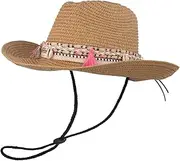 [OhMill] Straw Hat Cowboy Hat Vintage Wide Brim Summer Sun Hat with Adjustable Chin Strap for Men Women Outdoor