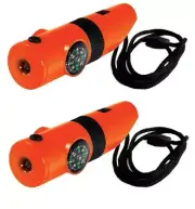 (2) 7 in 1 Whistle Compass Thermometer LED Magnifier Survival Orange Flashlight